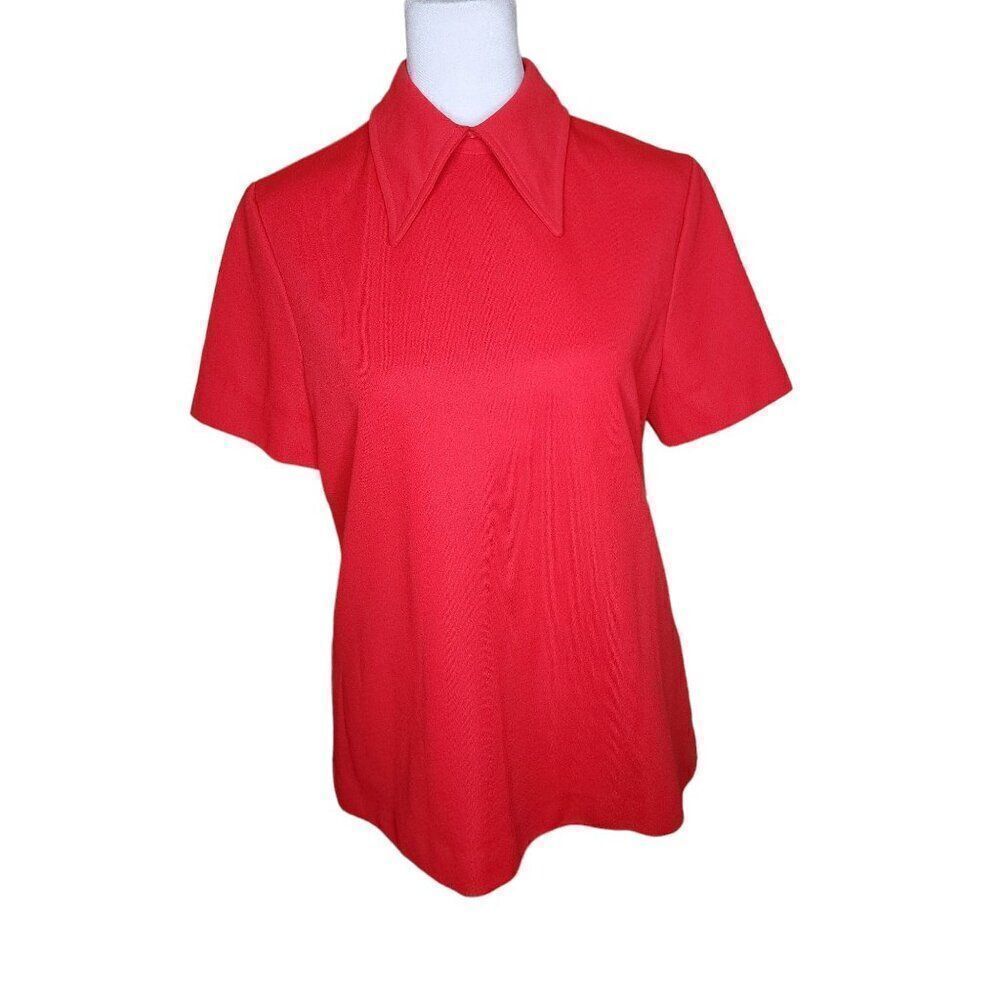 Vintage 70s Butterfly Collar Short Sleeve Shirt Womens Size M Red Mod Rear Zip